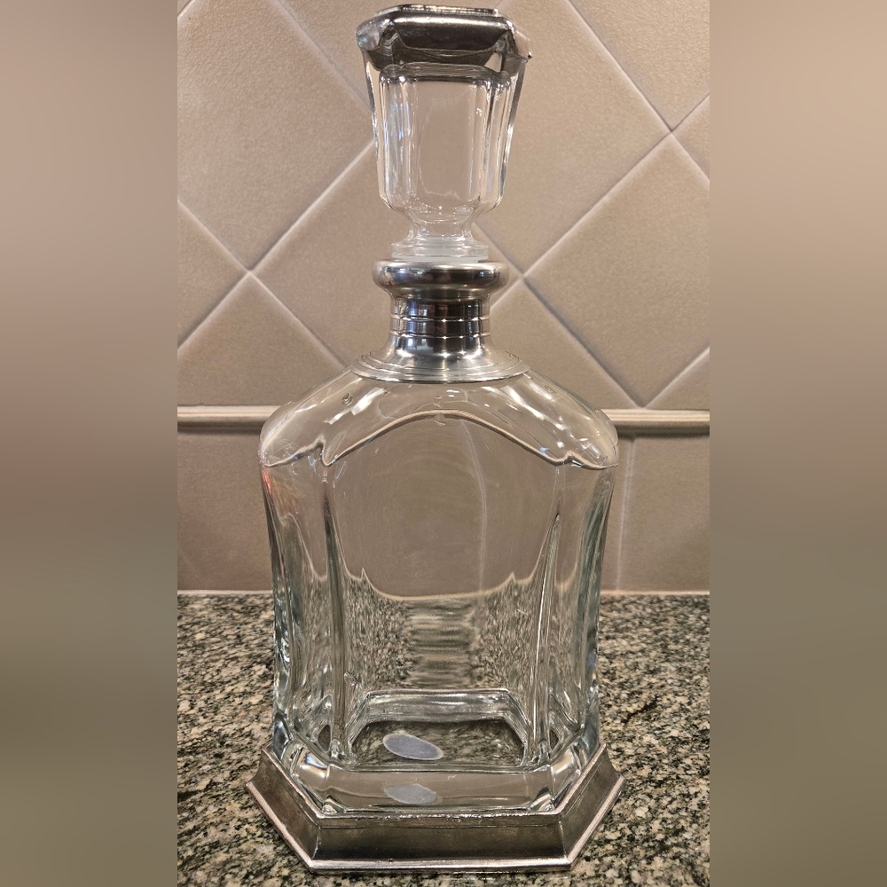 BRESCIA PELTRO FINE PEWTER GLASS WHISKEY DECANTER. MADE IN ITALY